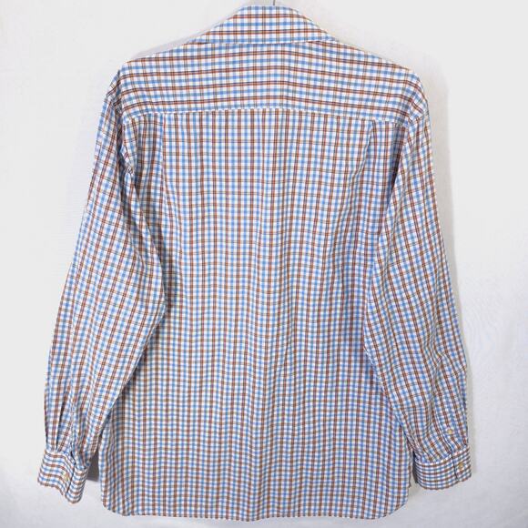 Hickey Freeman Shirt Mens L Blue Brown Plaid Cotton Linen Blend Button Up Casual - Picture 2 of 6